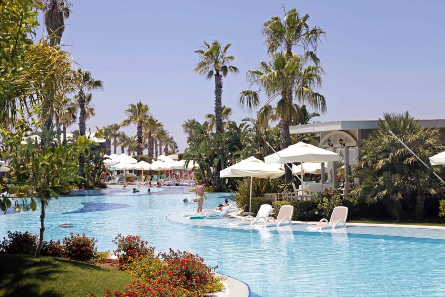 Belek Summer view with resort swimming pool in Belek, Turkey