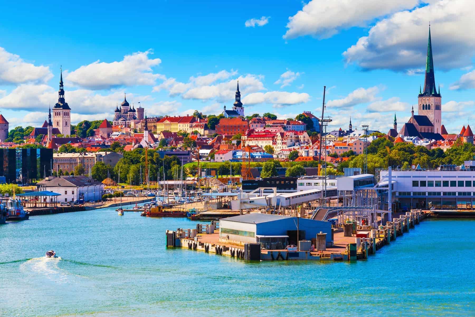 Scenic summer view of the Old Town and sea port harbor in Tallinn, Estonia