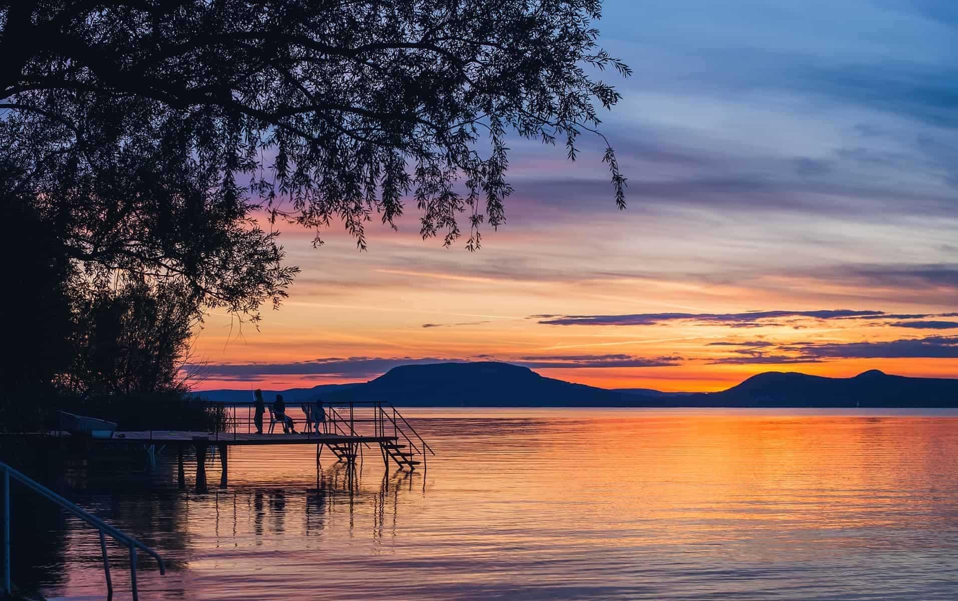 Balaton lake, sunset, pier