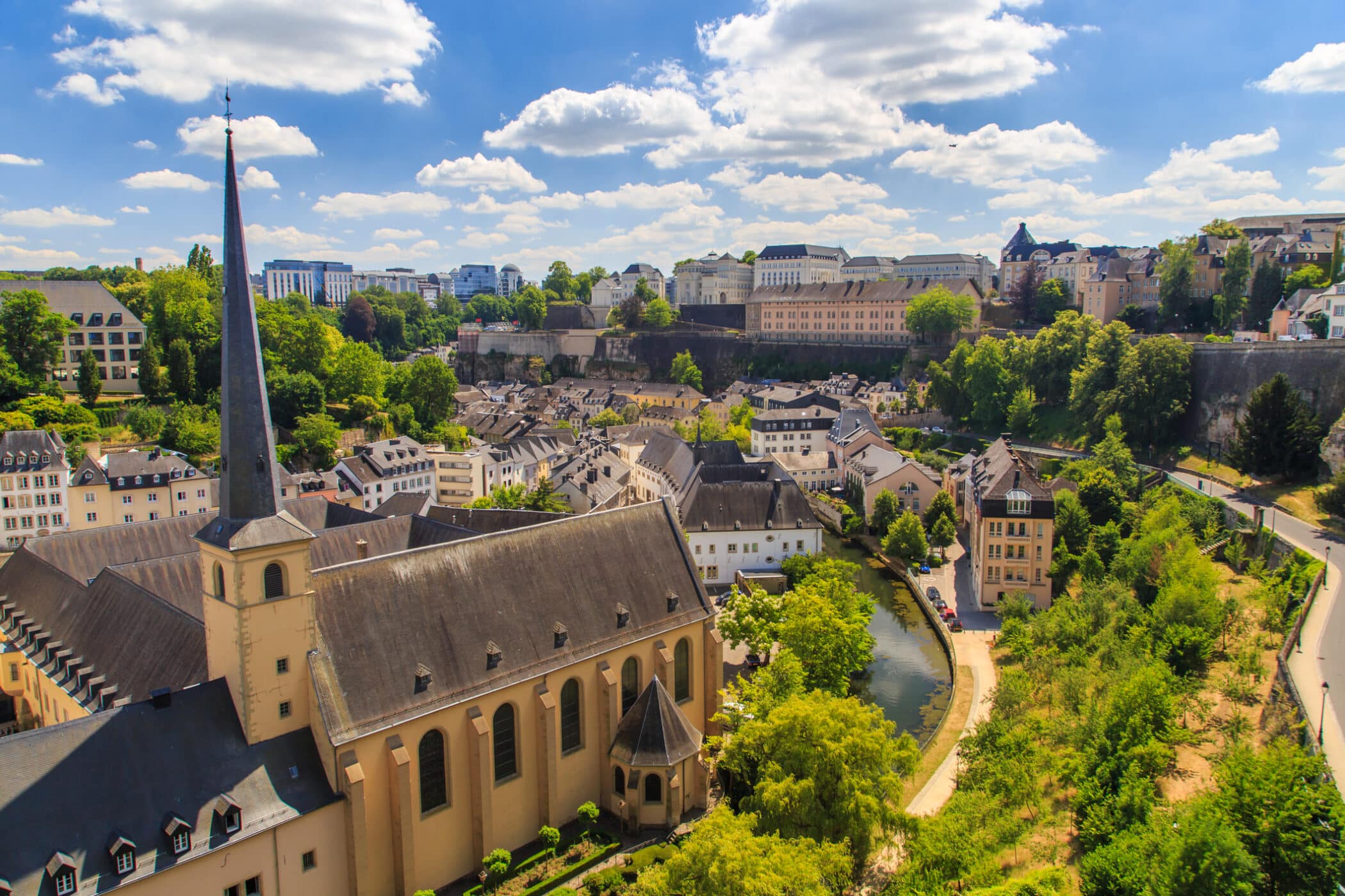 Skyline of Luxembourg City, with the St Jean du Grund church in the foreground.