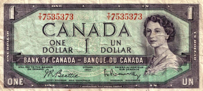 Vintage Canadian dollar bill circa 1954