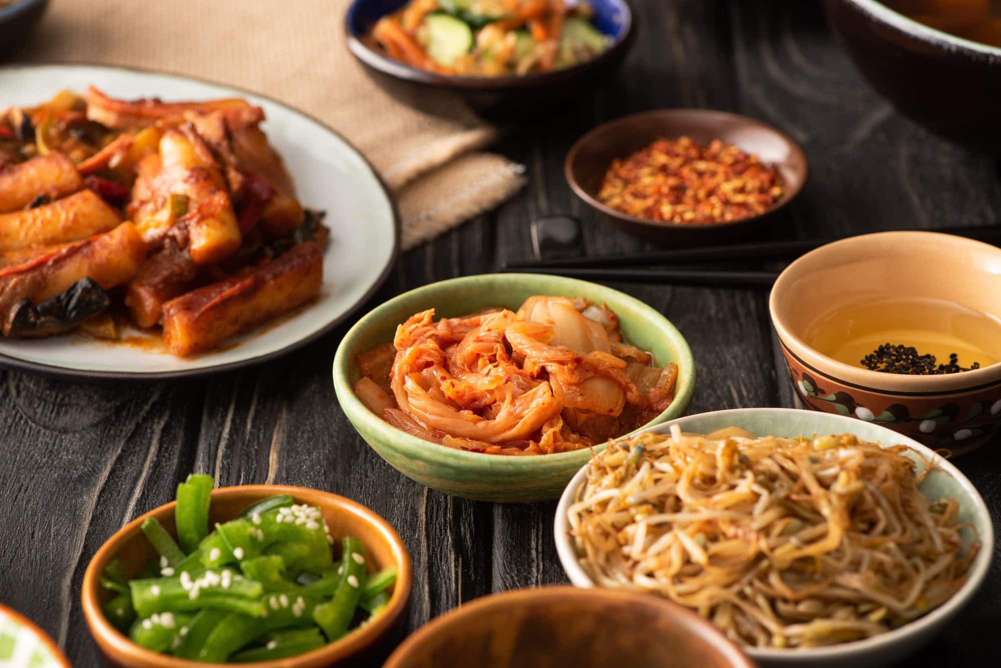 Kimchi near topokki and korean side dishes