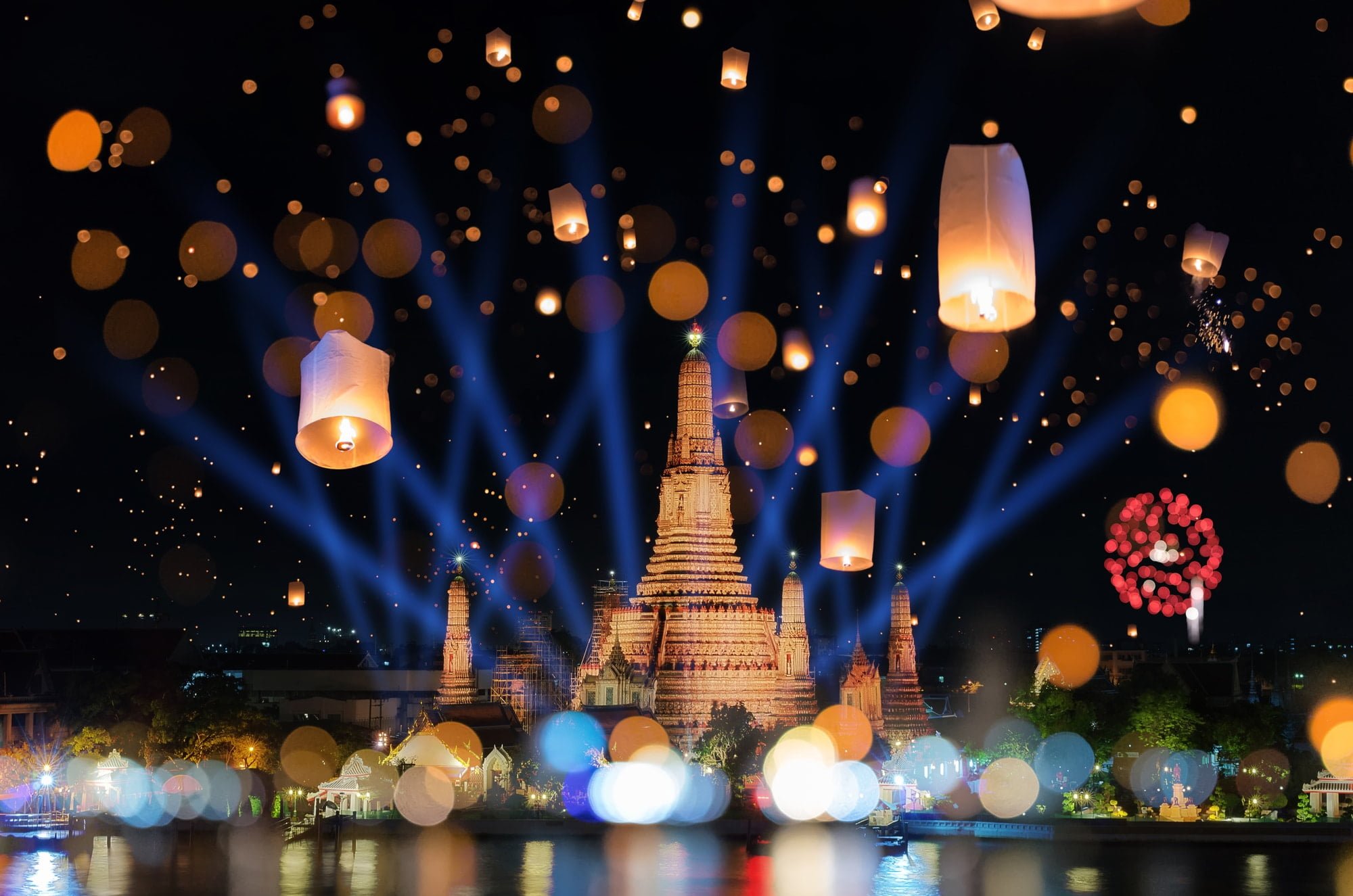 Bangkok happy new year countdown fireworks and lantern at Wat Arun Temple, Bangkok Thailand.