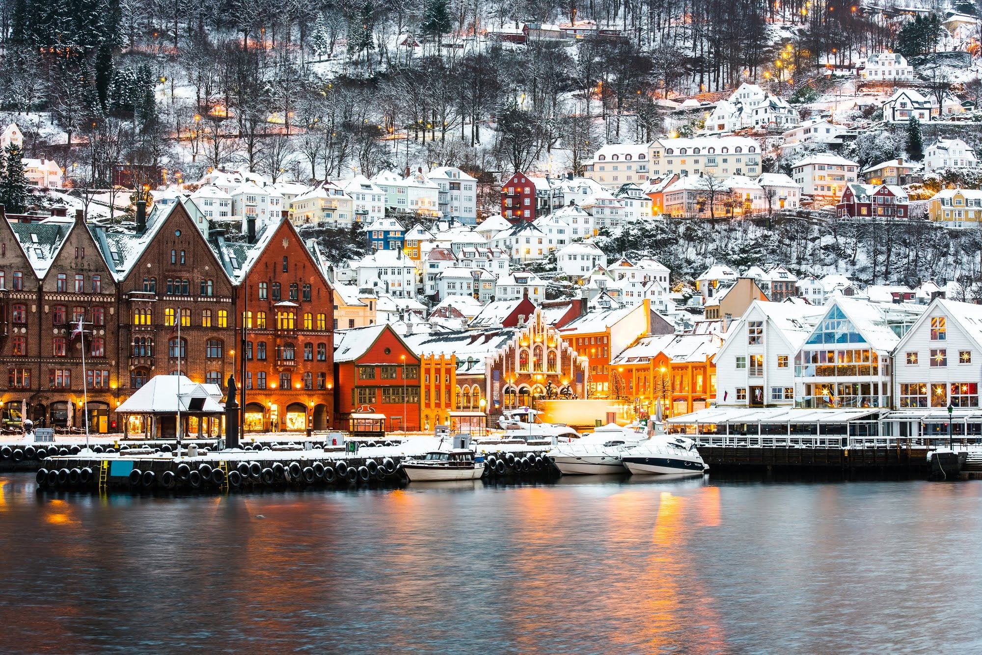 Famous Bryggen street with wooden colored houses in Bergen, Norway