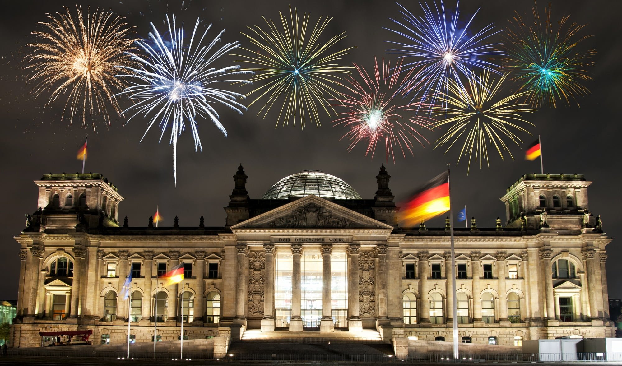 Fireworks over Berlin Parliament (Reichstag), Germany