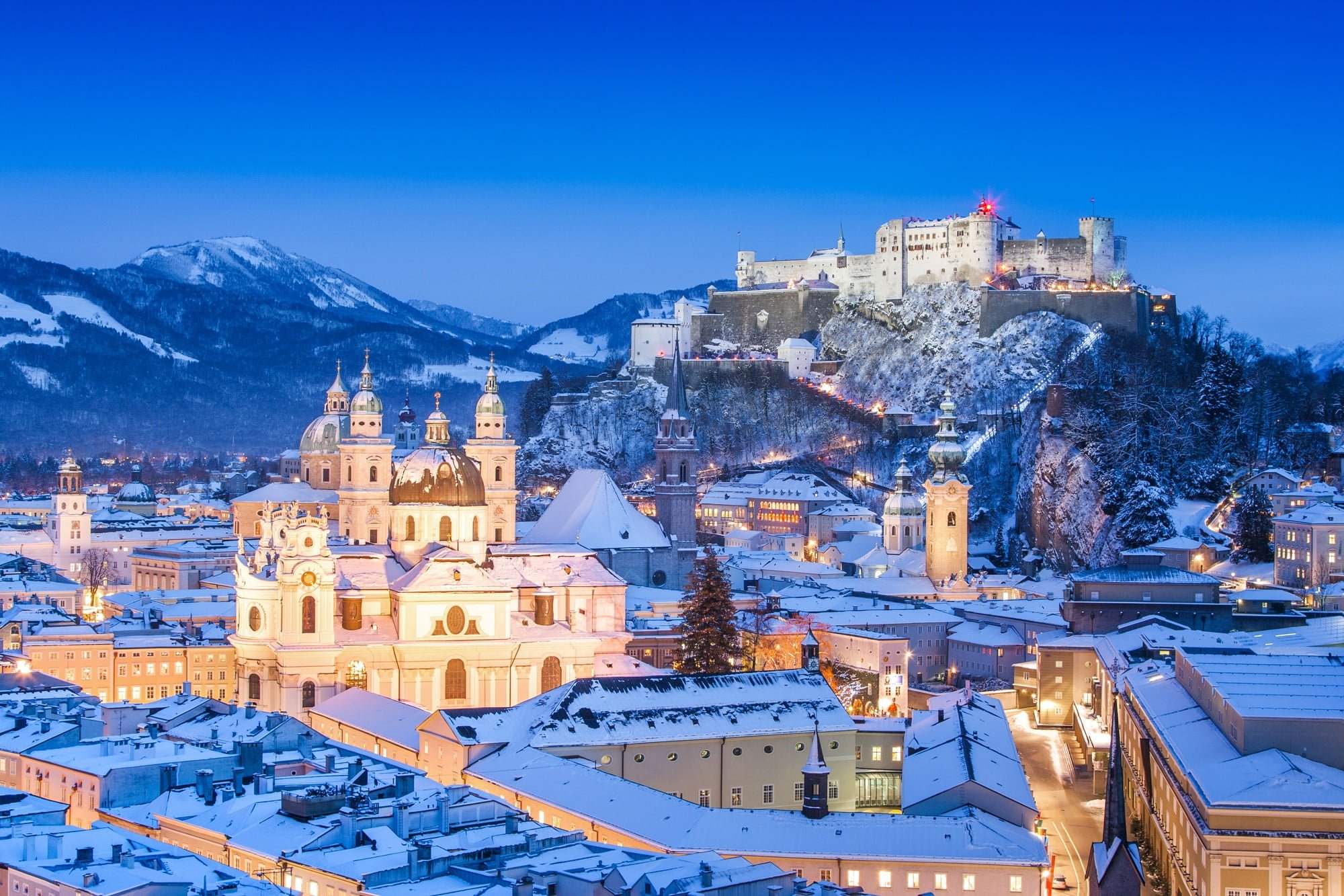 Historic city of Salzburg with Festung Hohensalzburg in winter, Salzburger Land, Austria