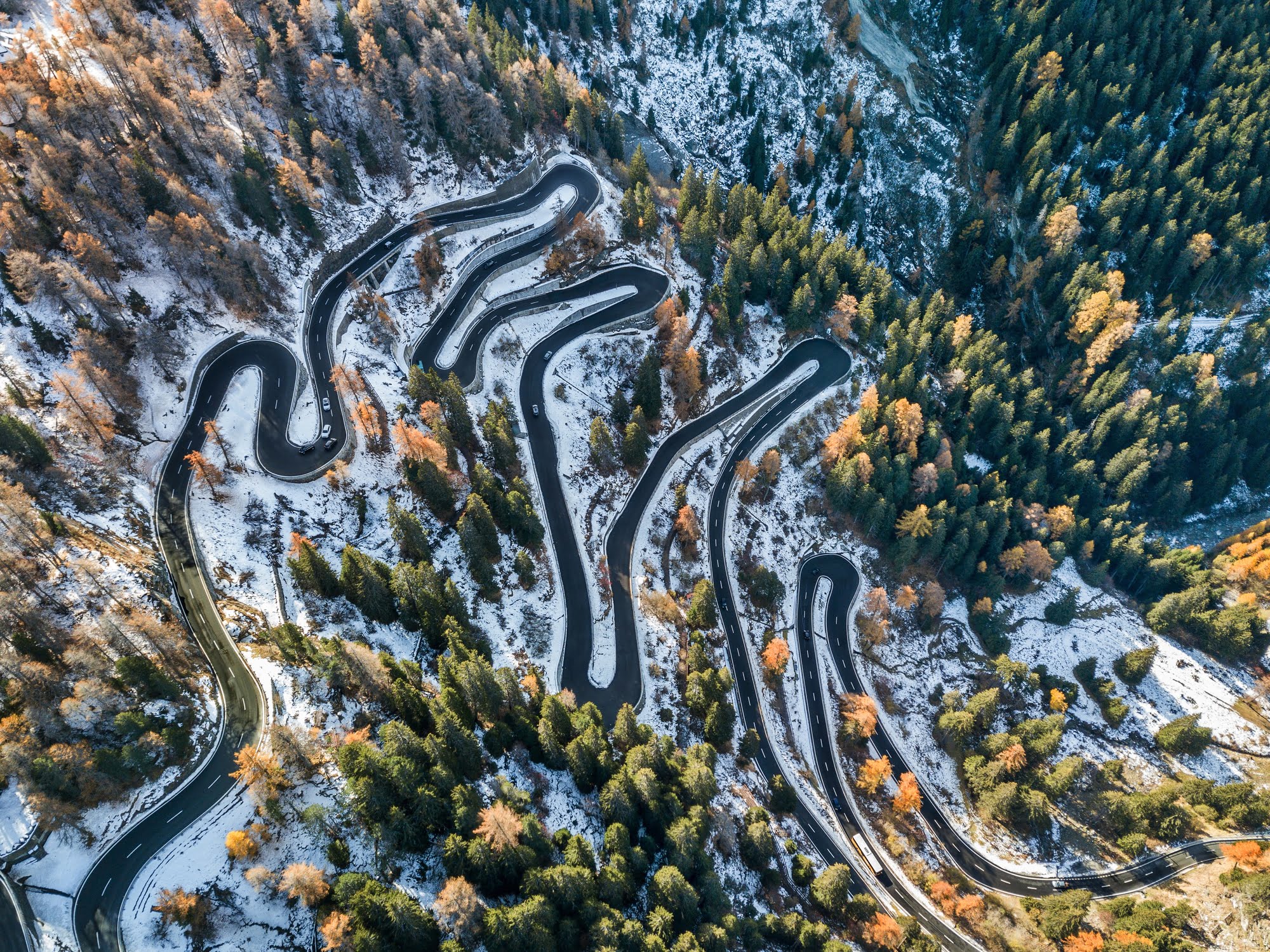 The most spectacular pass road in Swiss Alps - Maloja Pass in early winter and autumn season, Grison, Switzerland