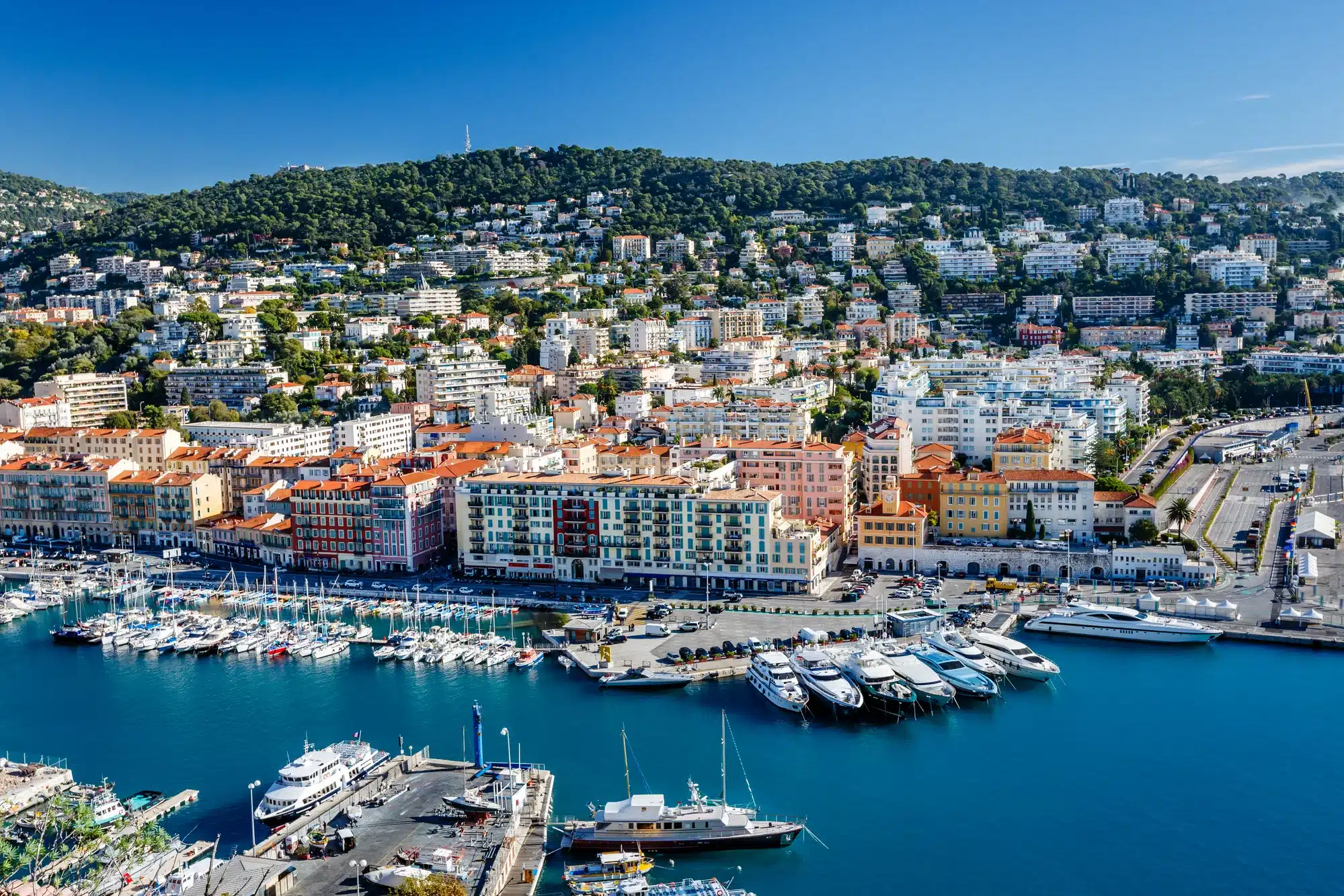 Aerial View on Port of Nice and Luxury Yachts, French Riviera, 